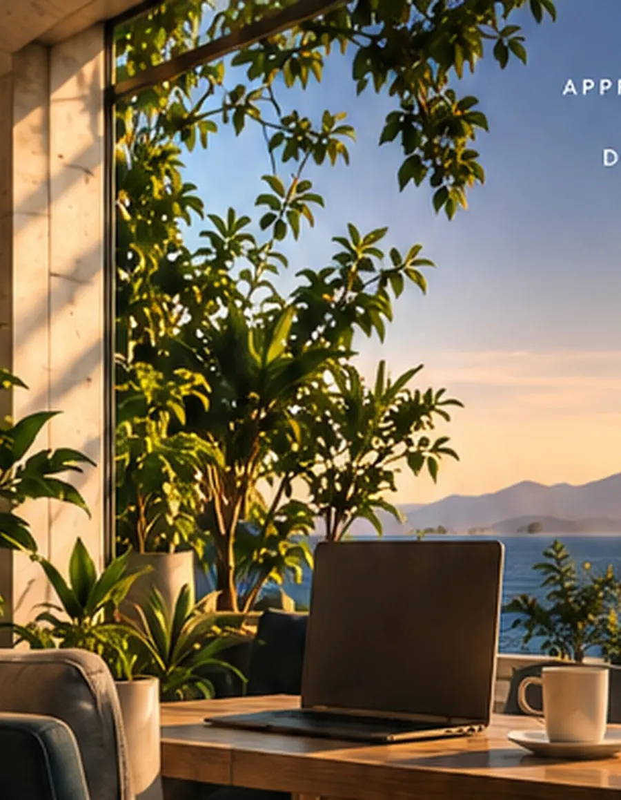A laptop on a sunlit desk with plants and an ocean view