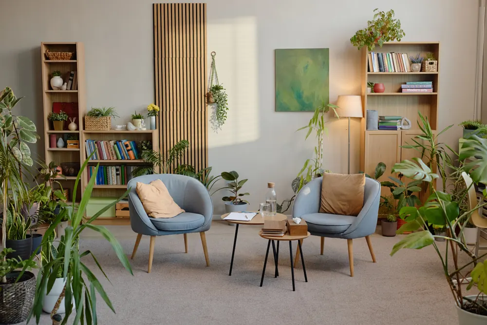 A calm, plant-filled workspace